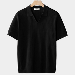 BLACK OPEN COLLAR RIBBED POLO